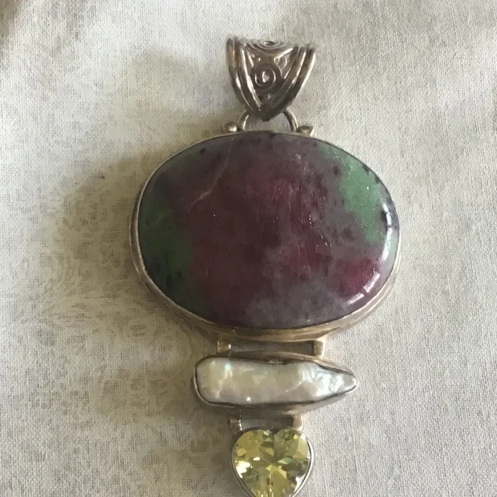 SS Ruby Zoisite, Biwa Pearl, Lemon Quartz Pendant